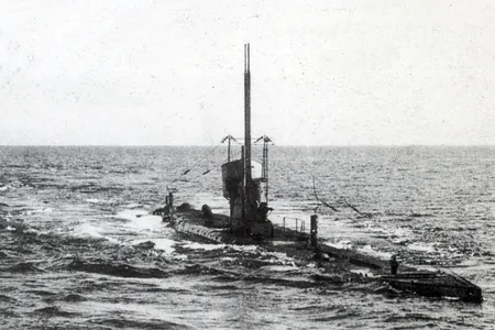 A U-Boat Class II submarine (this one depicted, UB-35, was the same class as UB-29) prowls the open seas.