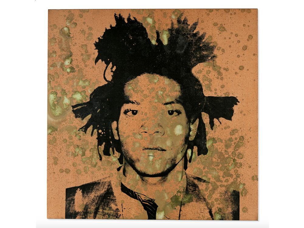 A black and white image of Basquiat, a young Black man with spiky hair and a serious expression, on an orangey background and covered in splotches of yellow-green