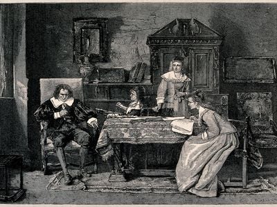 A wood engraving from the 19th century depicts a blind John Milton dictating his influential epic poem "Paradise Lost"