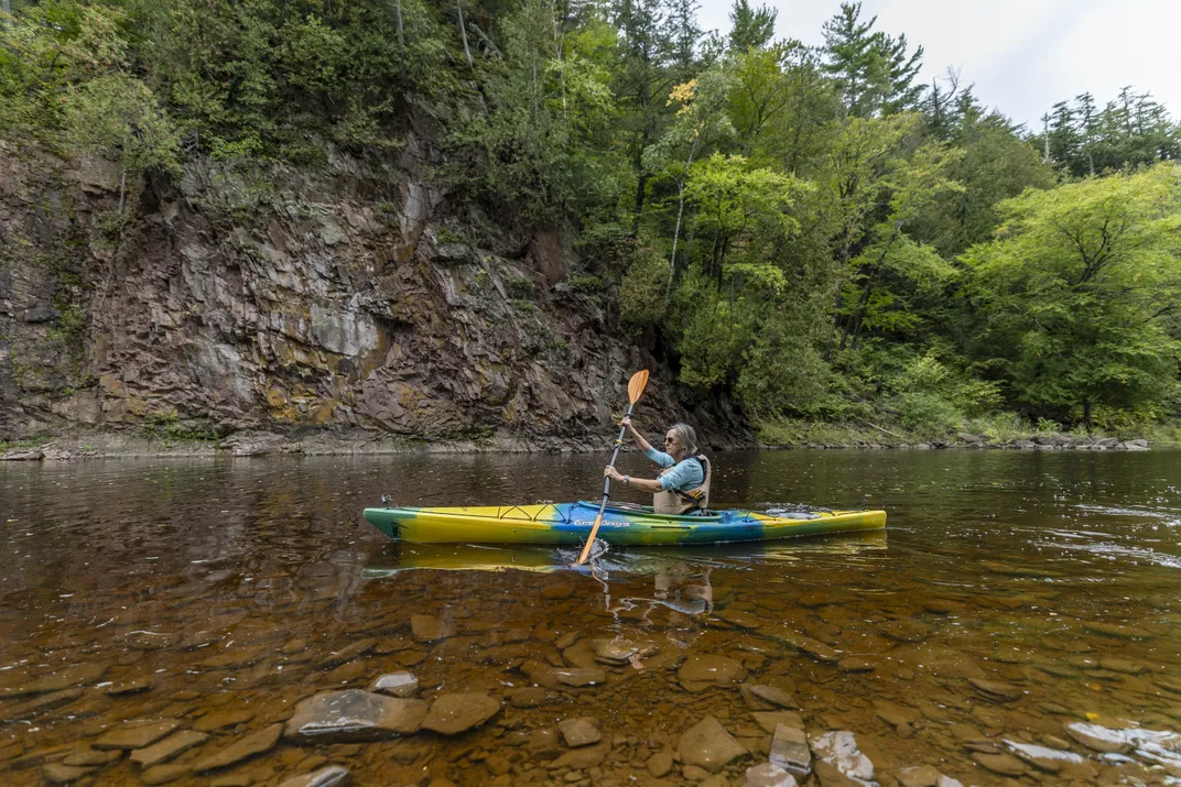A person kayaking on a body of water surrounded by green trees