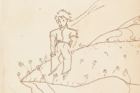 Antoine de Saint-Exupéry (1900–1944). Drawing of the little prince on the edge of a cliff. New York, 1942 or 1943. Pen and brown ink on onionskin paper. From Joseph Cornell’s Saint-Exupéry dossier.