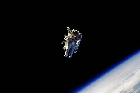 Bob Stewart flying the MMU during mission STS-41B in February 1984.