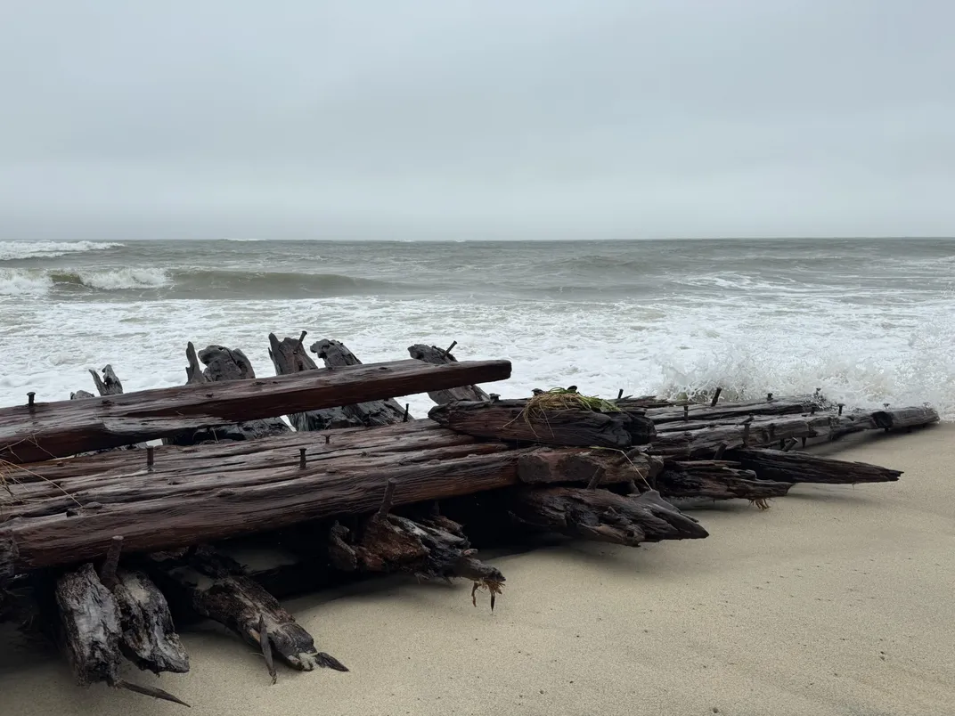 View of possible shipwreck remains on a beach
