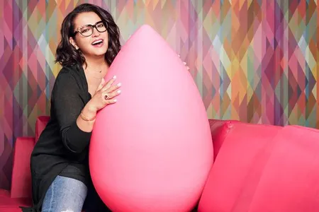 Rea Ann Silva with an oversized version of the Beautyblender sponge