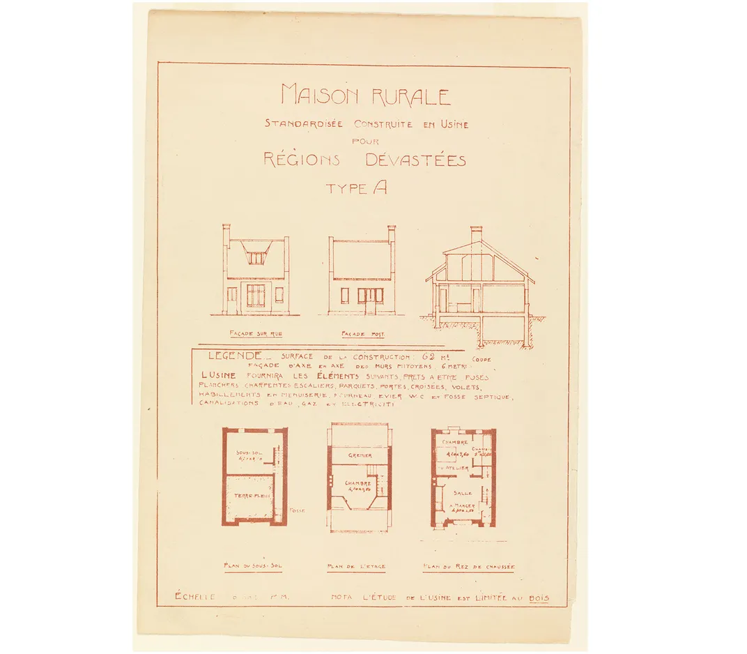 Elevation, Cross Section and Plan Views, Standard Rural House, Type A, October 1920;  Designed by Hector Guimard