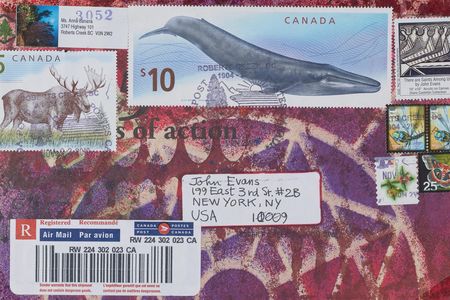Envelope decoration was always a staple of the mail art experience. This colorful letter was sent from performance artist Anna Banana (Anna Lee Long) to collagist John Evans in 2010.