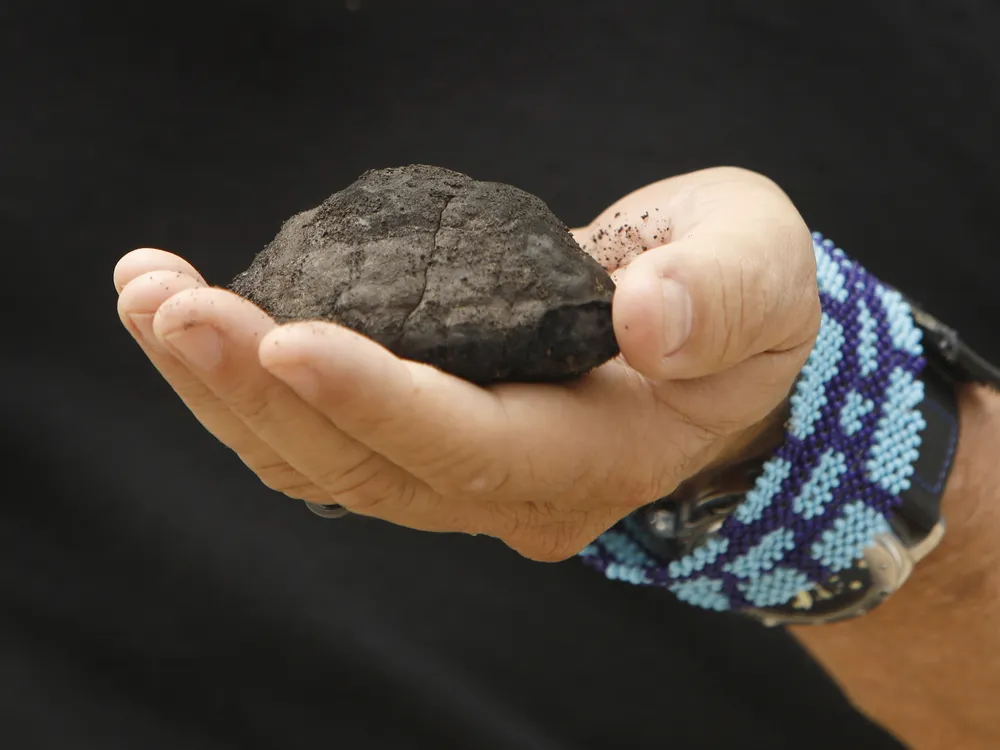 a hand holds a dark lump of metal that looks like a rock