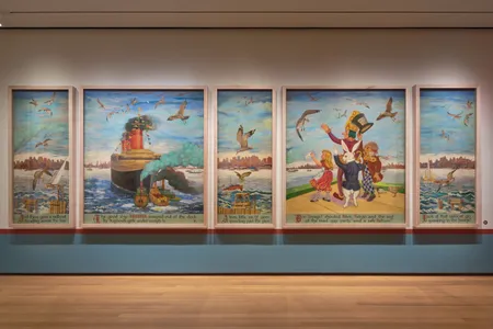 The exhibition includes 14 original mural panels and two recreations.