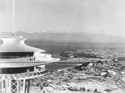View of the Space Needle and the Century 21 Exposition fairgrounds in Seattle in 1962