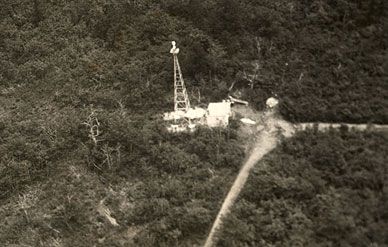 Aerial view of an airmail light beacon tower, somewhere along the New York to Chicago route, in the mid-1920s.