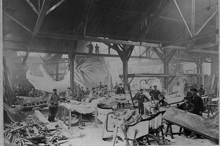 Workmen constructing the Statue of Liberty in Bartholdi's Parisian warehouse workshop in the winter of 1882. 