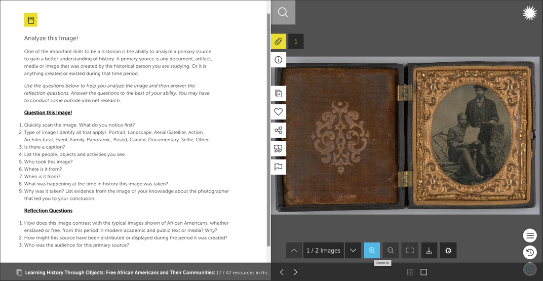 Screenshot of a Learning Lab resource page. On the right is a photograph of a tintype photograph of two men, one seated and one standing, in a decorative gold and leather case. On the left is a text panel titled “Analyze this Image.”