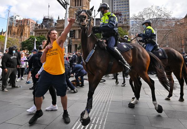 An anti-lockdown protester clashes with a police horse thumbnail