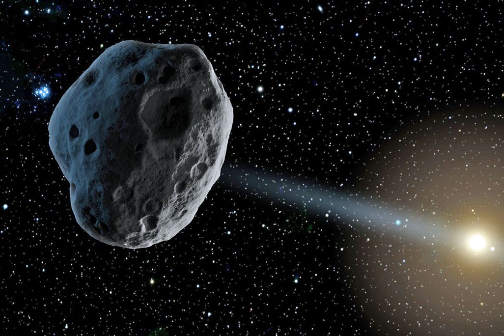 an artistic rendering of an asteroid with a bright body in the background