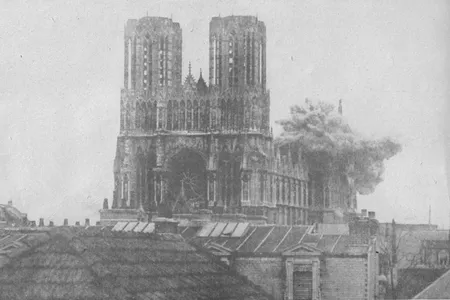 A German artillery shell hits the cathedral