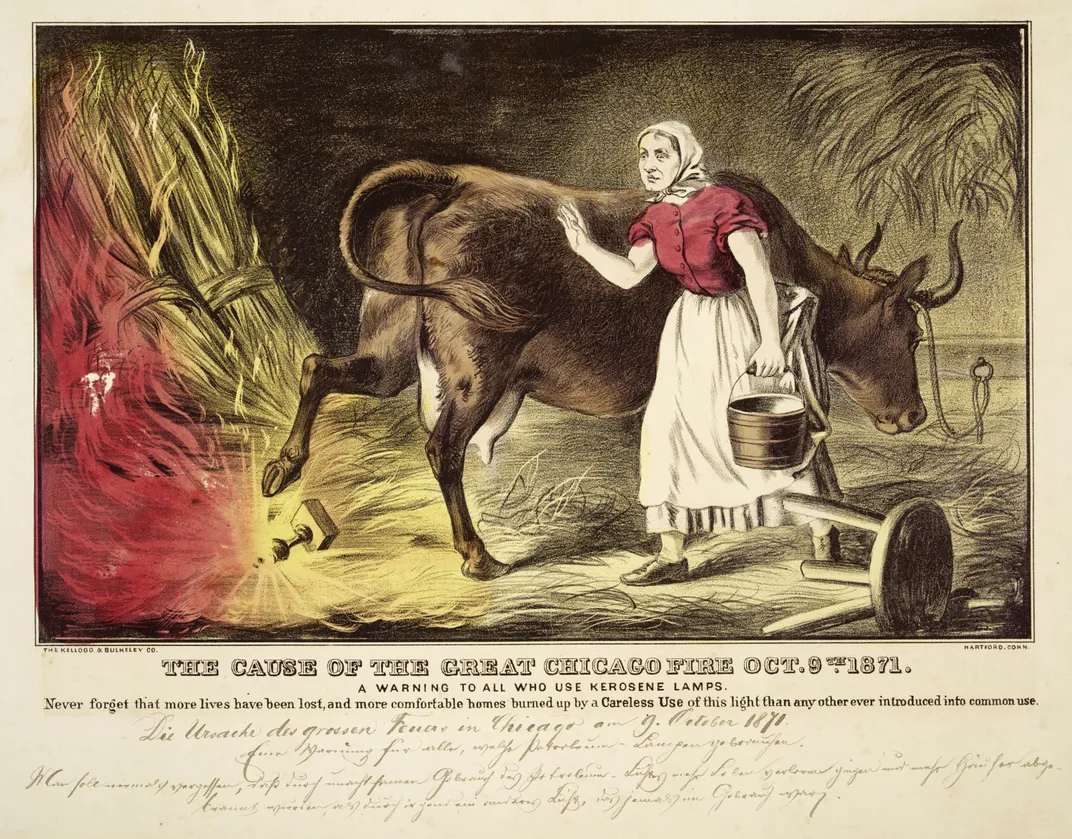 A cartoon depicts Catherine O Leary watching her cow kick over a lamp, setting her barn on fire