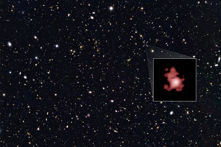 Galaxy GN-z11 seen in its youth by the Hubble telescope. GN-z11 is shown as it existed 13.4 billion years in the past, just 400 million years after the Big Bang.