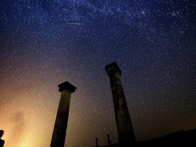 A Perseid streaks across the sky over the archaeological site Stobi in modern-day Macedonia
