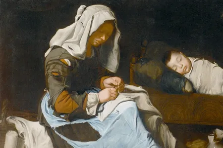 In A Woman Sewing With Two Children, the central character wears a light wash denim apron.