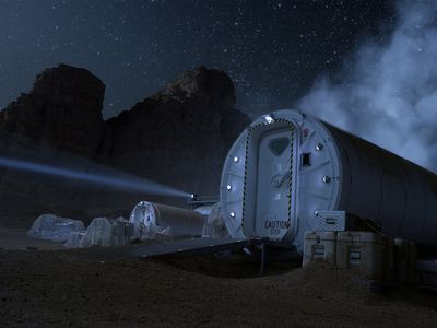 An outpost on Mars, from the upcoming film “The Martian.”  NASA hopes to make it real someday.