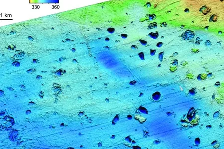 A field of methane craters on the floor of the Barents Sea