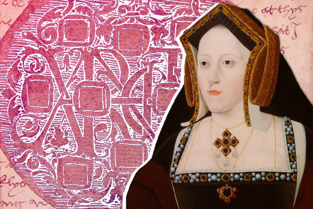 Illustration of Catherine of Aragon in front of the Holbein pendant design