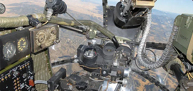 When they weren’t operating Norden bombsights (center), B-25 nose gunner/bombardiers enjoyed splendid views.