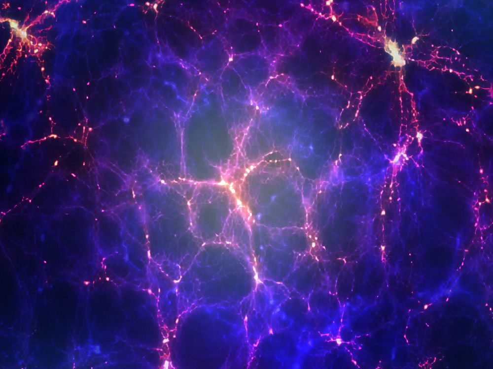 An impression of the large-scale structure of the universe, showing galaxy clusters and superclusters arranged in long filaments and concentrated at nodes.