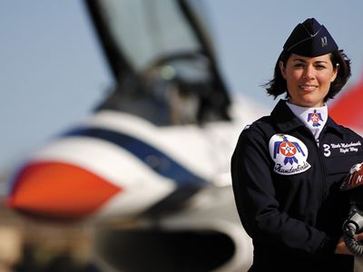 Air Force Thunderbird pilot Nicole Malachowski, the first woman to fly with a U.S. military high-performance demonstration team.