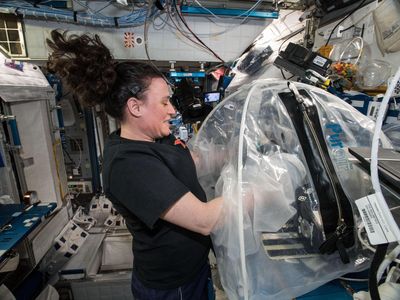 NASA astronaut Serena Auñón-Chancellor mixes cement samples for the MICS mission aboard the International Space Station.
