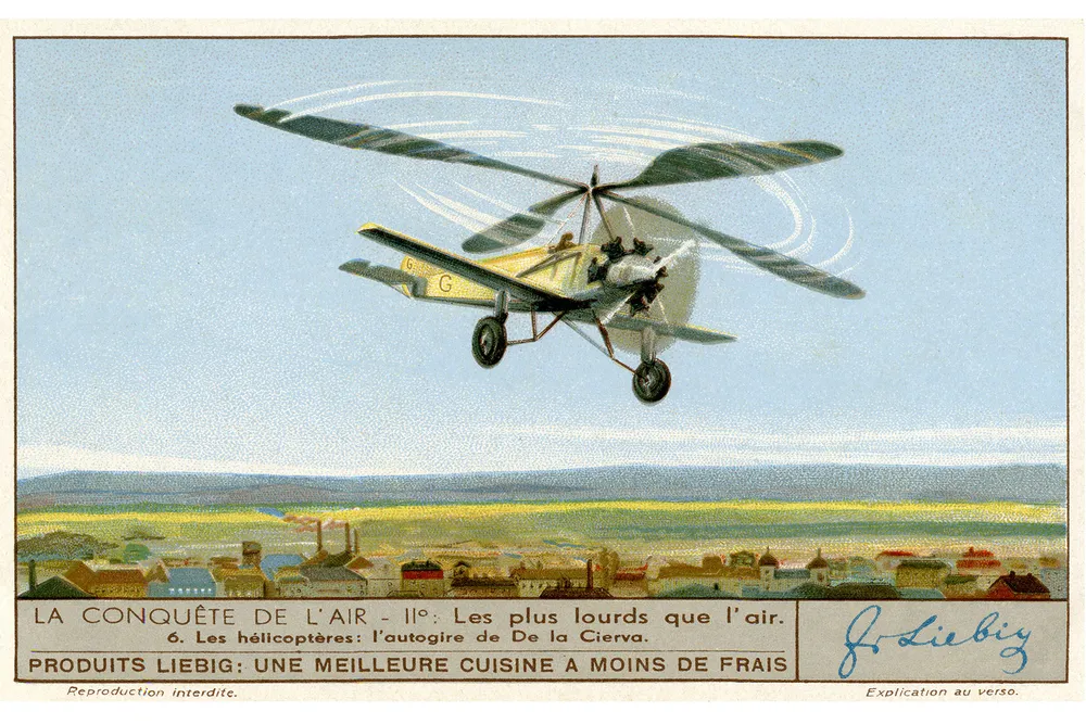 Romanticized illustration of Juan de la Cierva's autogyro
