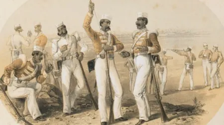 Indian soldiers in the service of the East India Company-who outnumbered British troops in India five to one–loading cartridges.