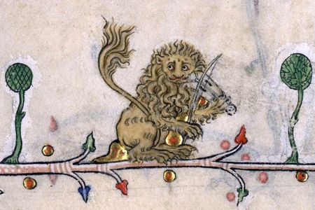 A drawing of a musical lion from 14th-century France