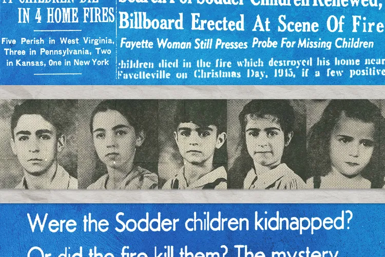 An illustration of the five Sodder children, in front of newspaper headlines about the case