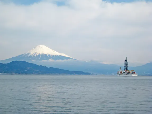 The drilling vessel Chikyu, pictured off the coast of Japan, will be used to drill down to the mantle.