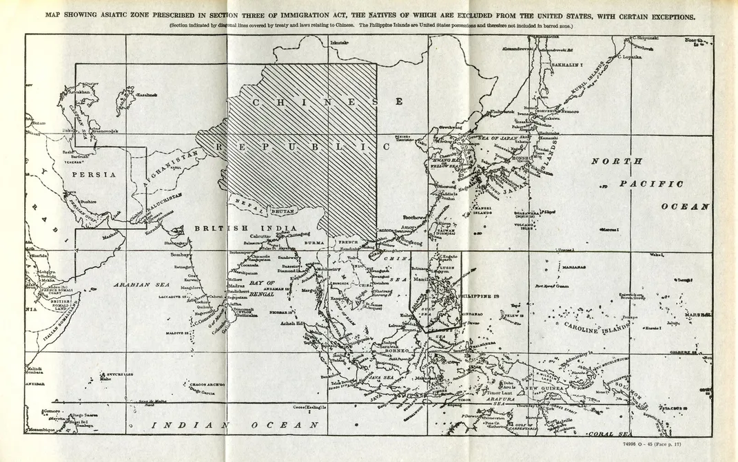 A map of the Asiatic Barred Zone, as defined by the Immigration Act of 1917