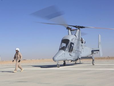 An unmanned K-MAX from Marine Unmanned Aerial Vehicle Squadron 1 in Afghanistan. 