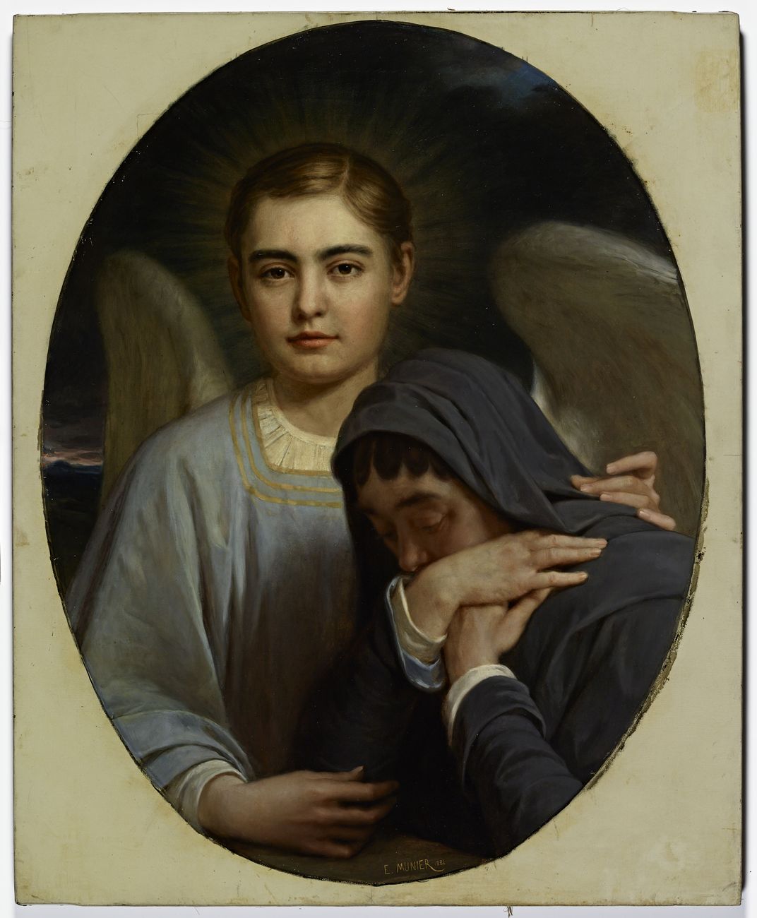 An Èmile Munier painting of Leland Jr. as an angel comforting his grieving mother