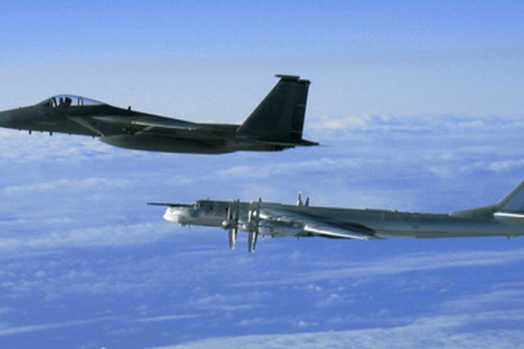 A U.S. fighter meets a Russian bomber over Alaska.
