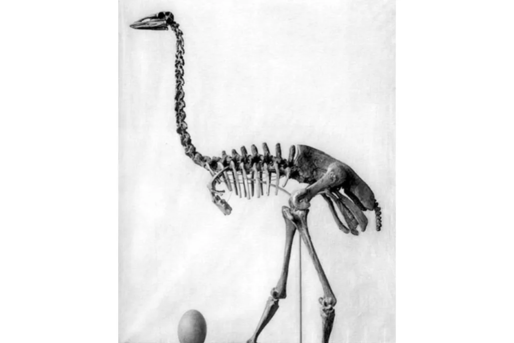 A drawing of an elephant bird's skeleton in black and white. It looks similarly to an ostrich's skeleton. It has an egg positioned at its feet. 