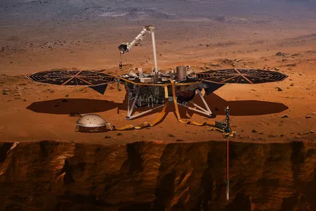 Illustration of NASA's Interior Exploration using Seismic Investigations, Geodesy and Heat Transport (InSight).
