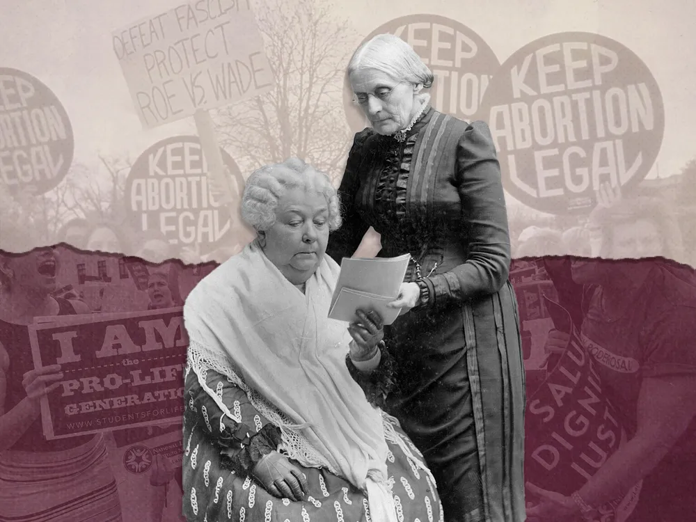 Illustration of Elizabeth Cady Stanton and Susan B. Anthony, superimposed atop pro-choice and pro-life protesters