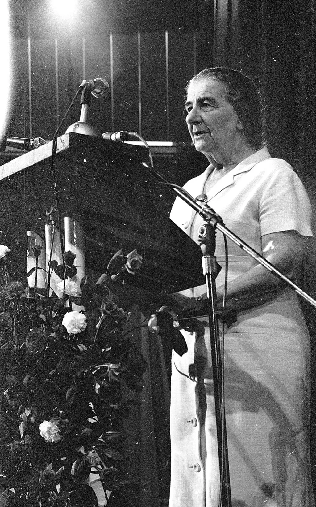Meir speaking at a podium in 1969