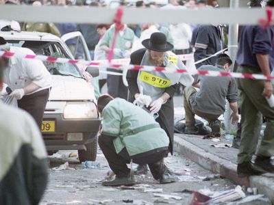 The aftermath of a bomb blast in Tel Aviv, 1996. 