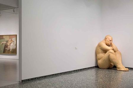 Installation view of "Masterworks from the Hirshhorn Collection at the Hirshhorn Museum and Sculpture Garden," 2016. Nude with Leg Up (Leigh Bowery) by Lucian Freud, 1992; Untitled (Big Man) by Ron Mueck, 2000. 