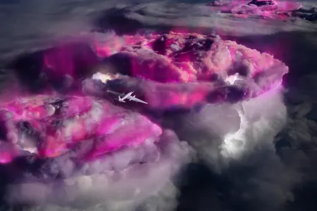 An artist&#39;s rendering of gamma-ray glows observed during the research, with gamma rays colored purple for emphasis
