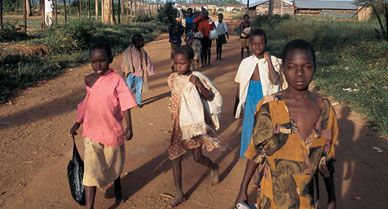 children by the thousands leave their huts to trek to safe havens