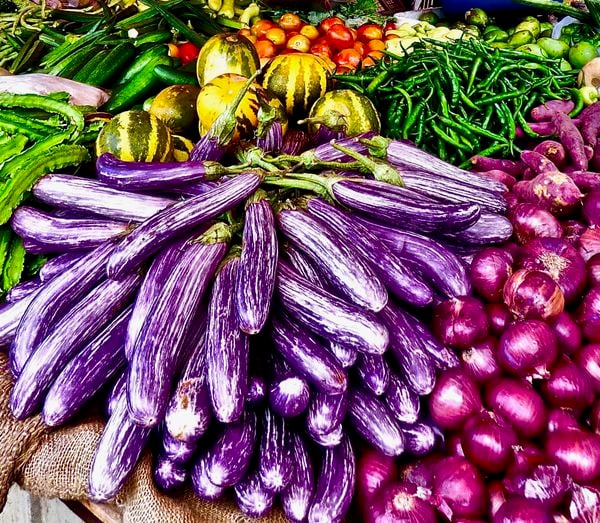 "Striped" vegetables form a perky design to brighten a market display, Negombo Sri Lanka thumbnail