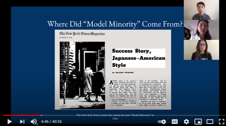 Still image of a webinar presentation with three presenters and a slide reading "Where did Model Minority come from?"