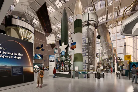 A rendering of the upcoming RTX Living in the Space Age Hall at Smithsonian&#39;s Air and Space Museum, featuring the New Shepard rocket booster.